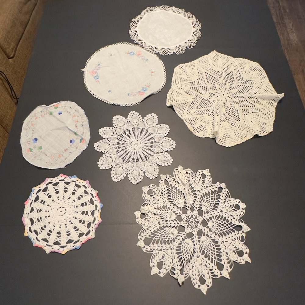 Vtg Doilies White Crochet Floral Embroidered Mixed 7pc Mixed Sizes Cottagecore